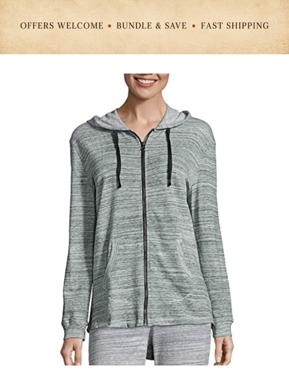 French Terry Full-Zip Hoodie Drawstring Kangaroo Pocket Loose Fit